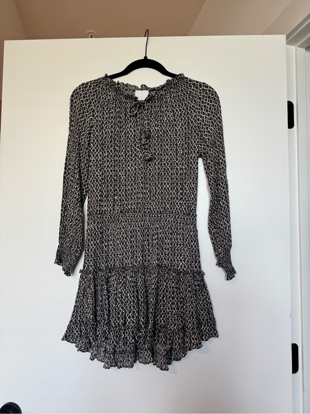Skylar + Madison dark brown and White Printed Long-Sleeve Tiered Mini Dress